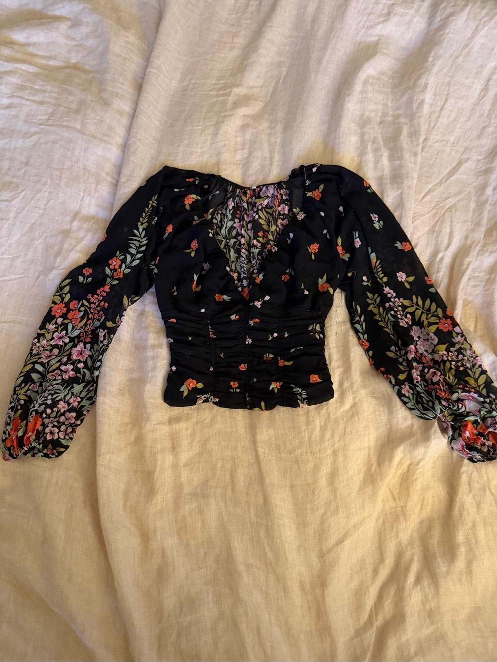 Free People Floral Ruched Long-Sleeve Crop Top - Black